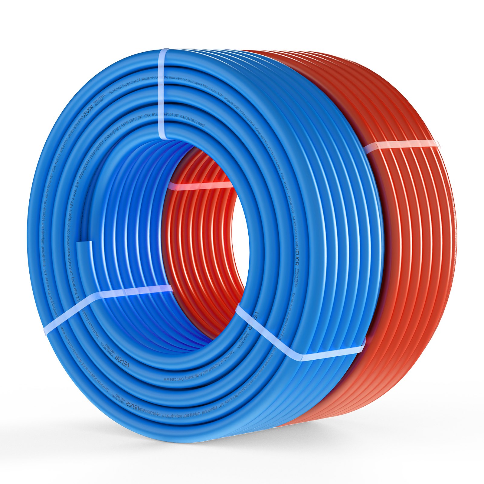 Rollos de tubos pex VEVOR enrollados en azul y rojo con correas de sujeción sobre un fondo blanco.