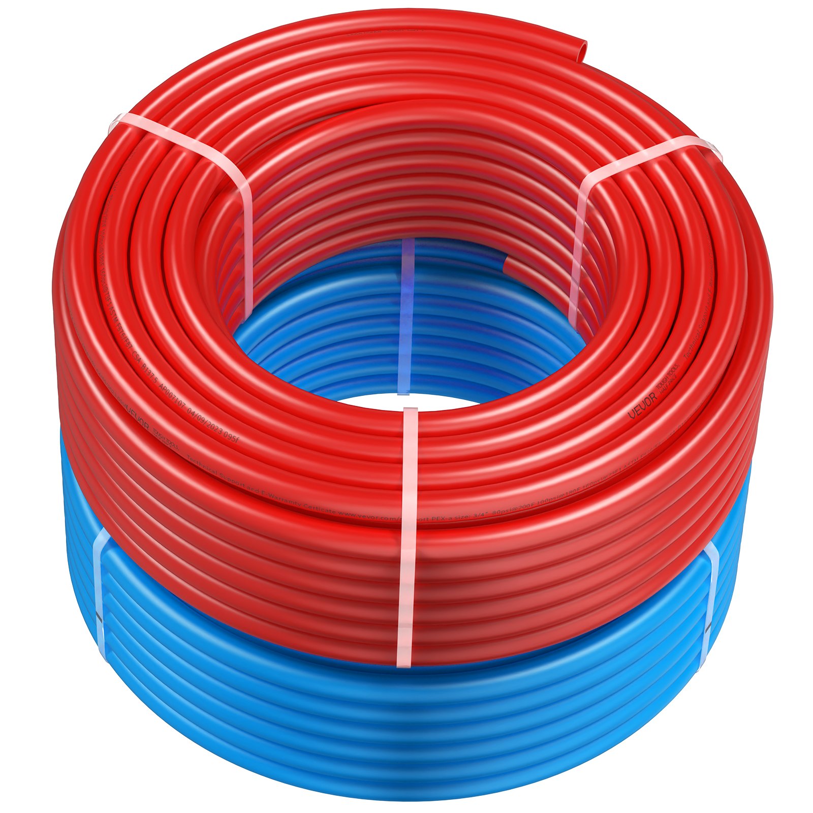 Bobinas de tubería pex VEVOR rojas y azules apiladas juntas.