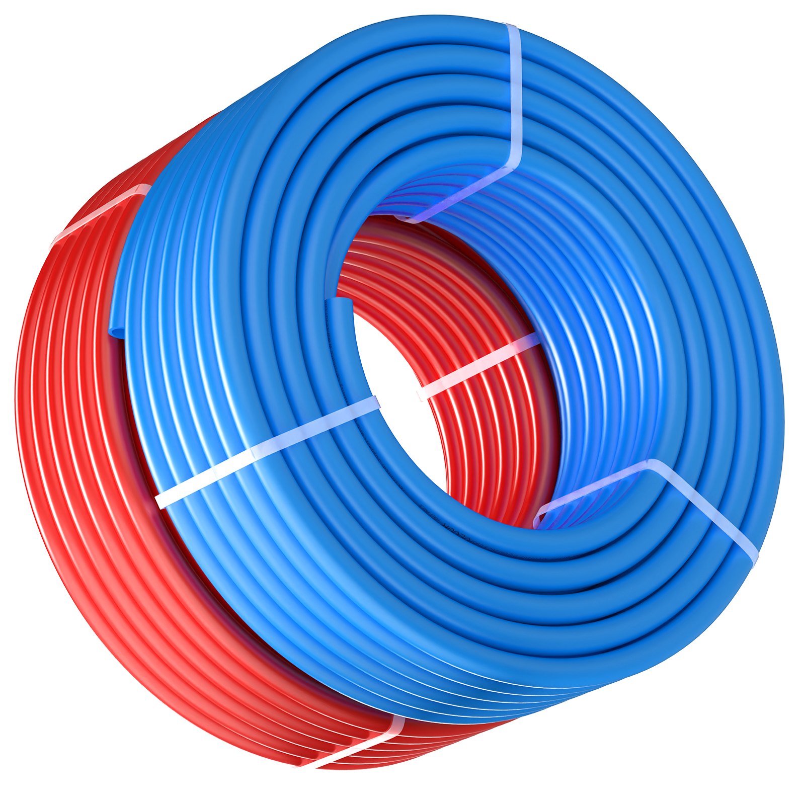 Bobinas rojas y azules de tubería pex VEVOR cuidadosamente ordenadas y atadas con correas blancas.