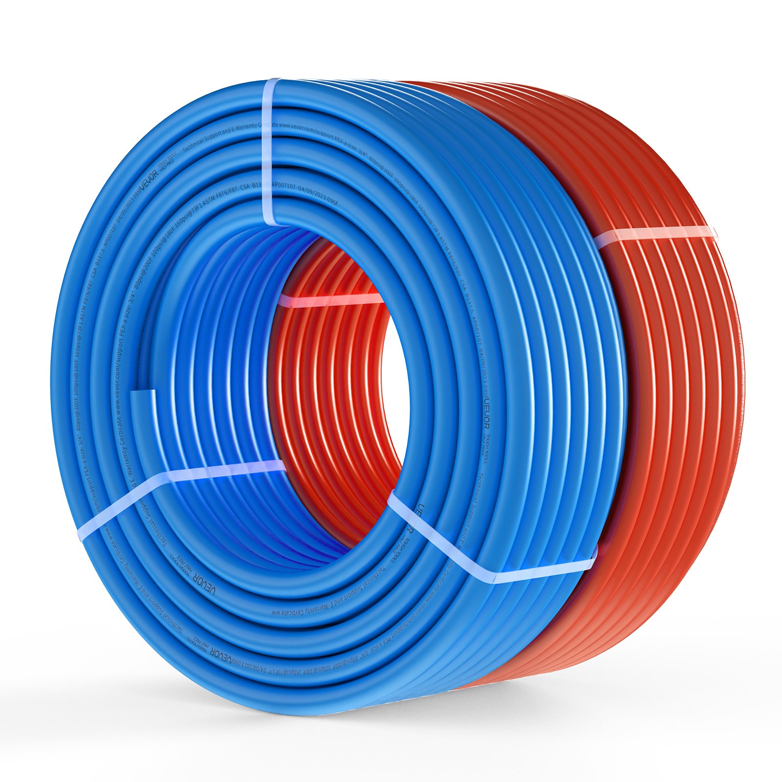Tubo pex VEVOR, tubo enrollado azul y rojo para sistemas de plomería y calefacción radiante.