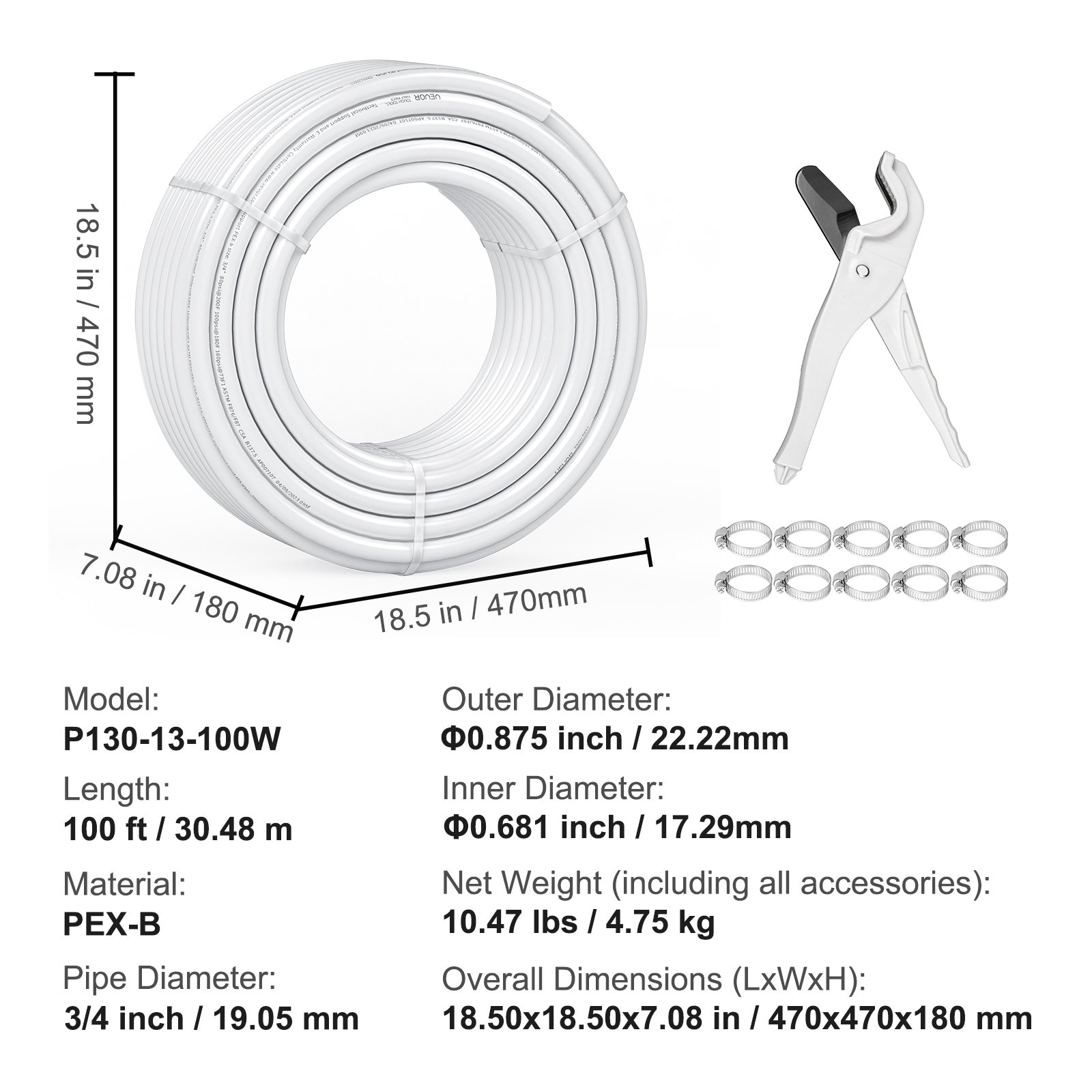 Tubería PEX VEVOR de 3/4 de pulgada y 100 pies de longitud. Tubería flexible PEX-B para agua potable. Líneas de agua PEX para agua caliente/fría, fácil de restaurar. Aplicaciones de plomería con cortador y abrazaderas gratis. Color blanco.