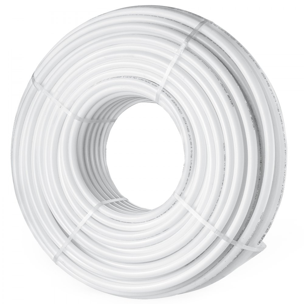 Tubo pex VEVOR en espiral blanco asegurado con correas, ideal para sistemas de plomería y calefacción