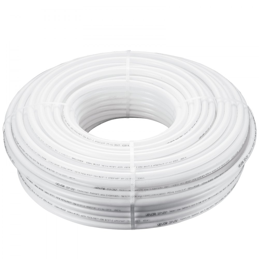 Tubo pex VEVOR enrollado en color blanco, perfectamente dispuesto y listo para instalaciones de plomería o calefacción radiante.