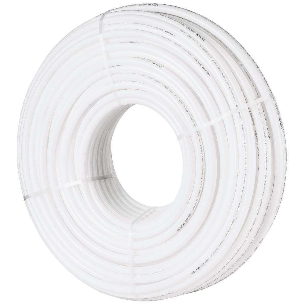 Bobina blanca de tubería pex VEVOR dispuesta en un rollo circular, mostrando su flexibilidad y durabilidad.