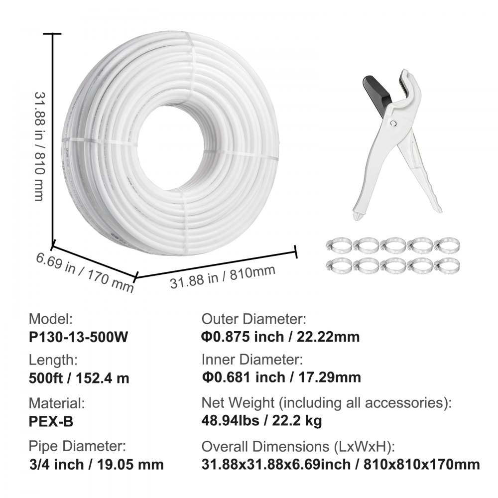Tubería PEX VEVOR de 3/4 de pulgada y 500 pies de longitud. Tubería flexible PEX-B para agua potable. Líneas de agua PEX para agua caliente/fría de fácil restauración. Aplicaciones de plomería con cortador y abrazaderas gratis. Color blanco.