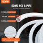 Tubo pex VEVOR de 500 pies, que muestra un diámetro exterior de 0,875 pulgadas, un diámetro de tubería de 3/4 pulgadas y un diámetro interior de 0,681 pulgadas.