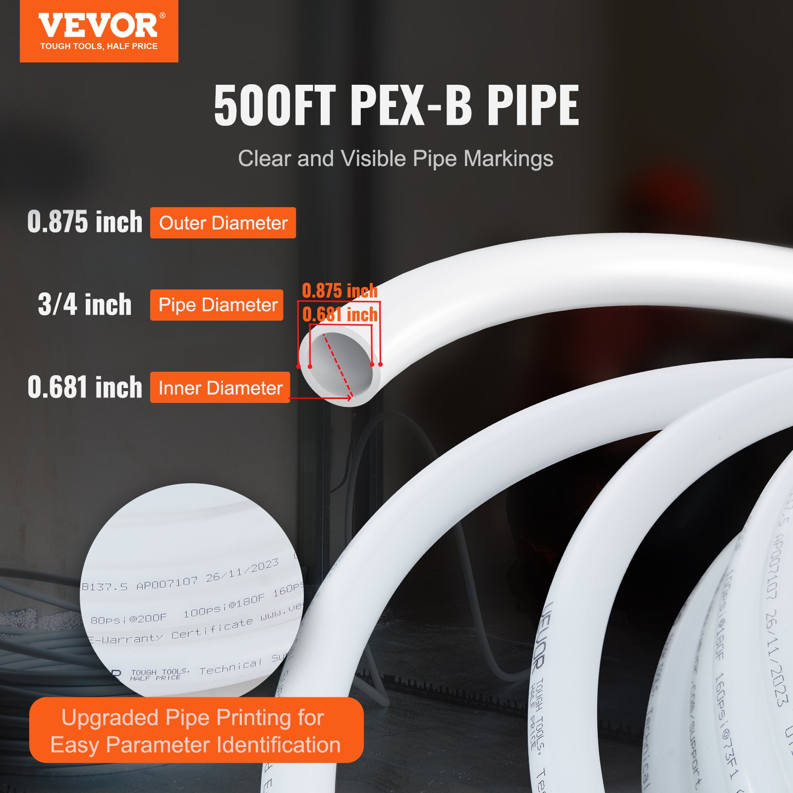 Tubo pex VEVOR de 500 pies, que muestra un diámetro exterior de 0,875 pulgadas, un diámetro de tubería de 3/4 pulgadas y un diámetro interior de 0,681 pulgadas.