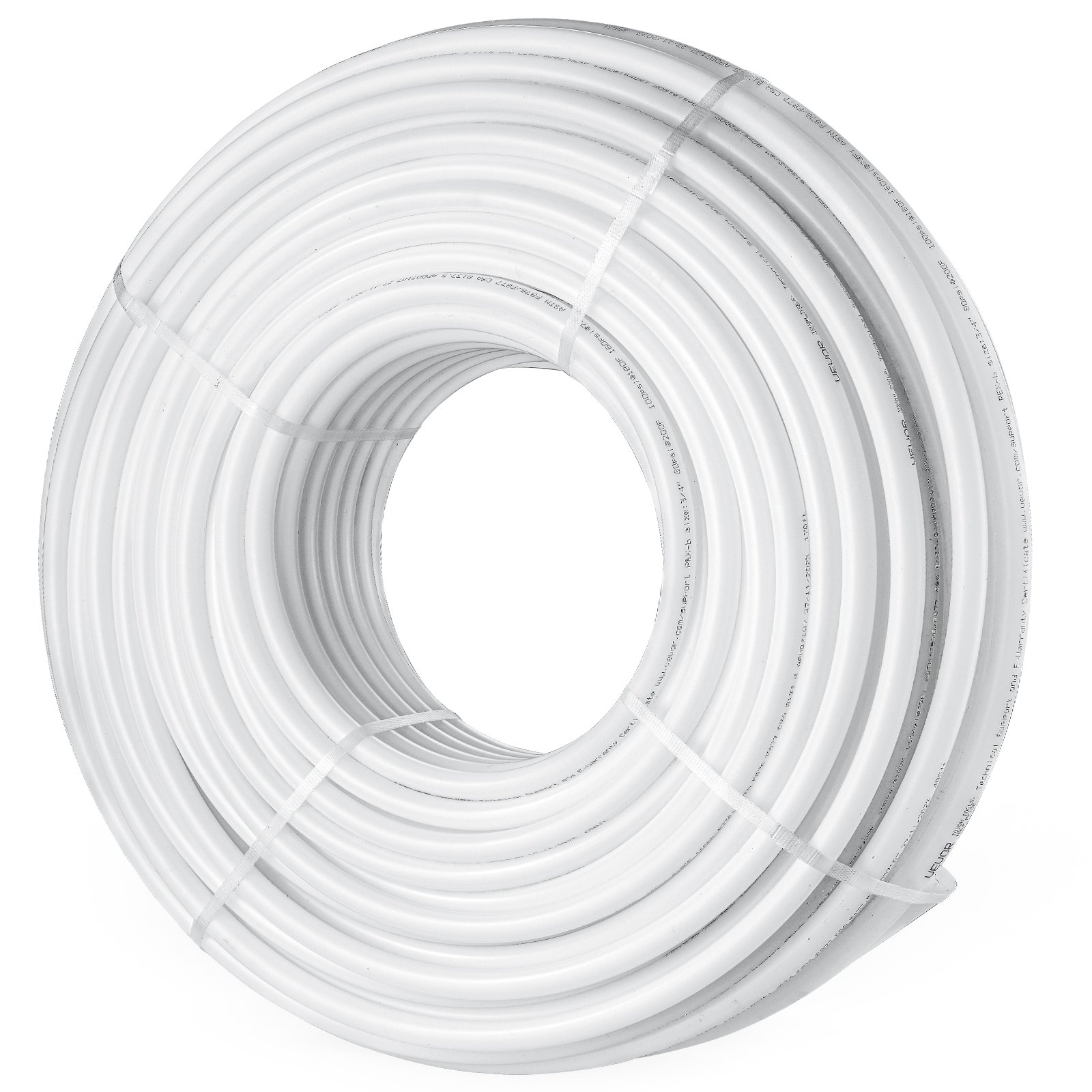 Tubo pex VEVOR en espiral blanco asegurado con correas, ideal para sistemas de plomería y calefacción
