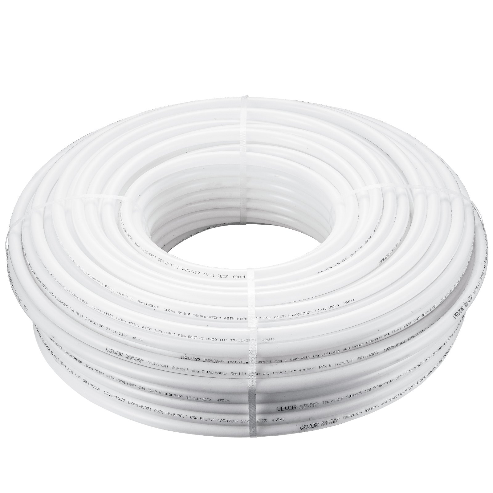Tubo pex VEVOR enrollado en color blanco, perfectamente dispuesto y listo para instalaciones de plomería o calefacción radiante.