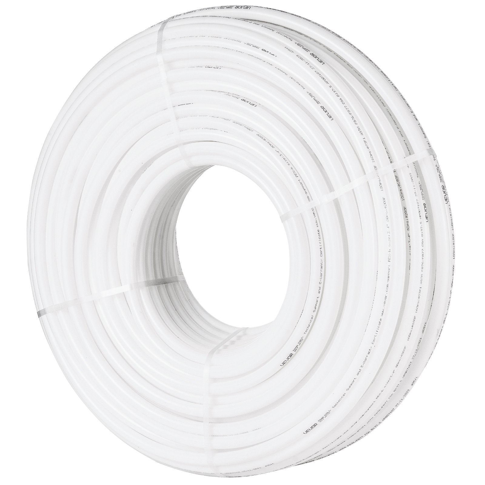 Bobina blanca de tubería pex VEVOR dispuesta en un rollo circular, mostrando su flexibilidad y durabilidad.
