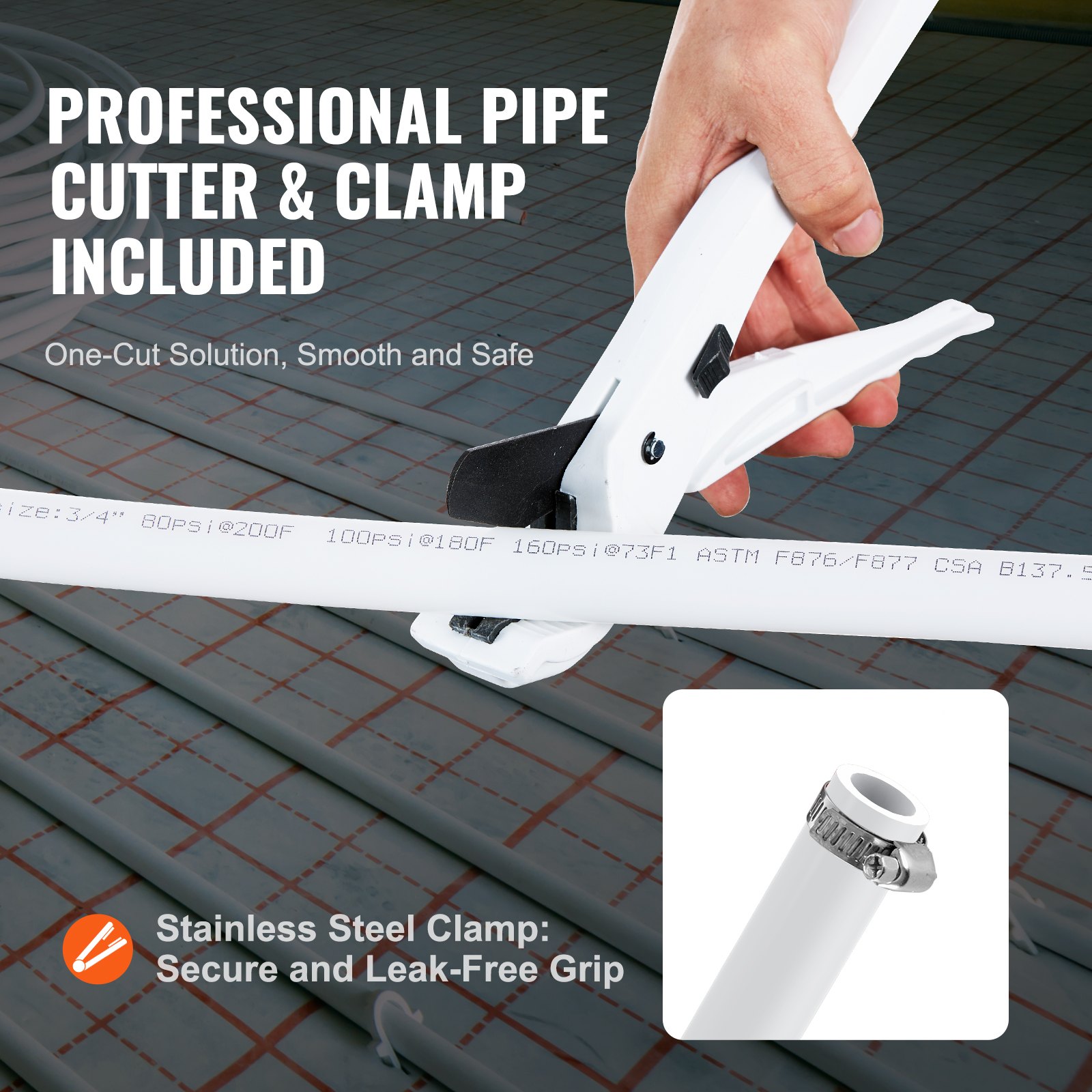 Tubería PEX VEVOR de 3/4 de pulgada y 500 pies de longitud. Tubería flexible PEX-B para agua potable. Líneas de agua PEX para agua caliente/fría de fácil restauración. Aplicaciones de plomería con cortador y abrazaderas gratis. Color blanco.