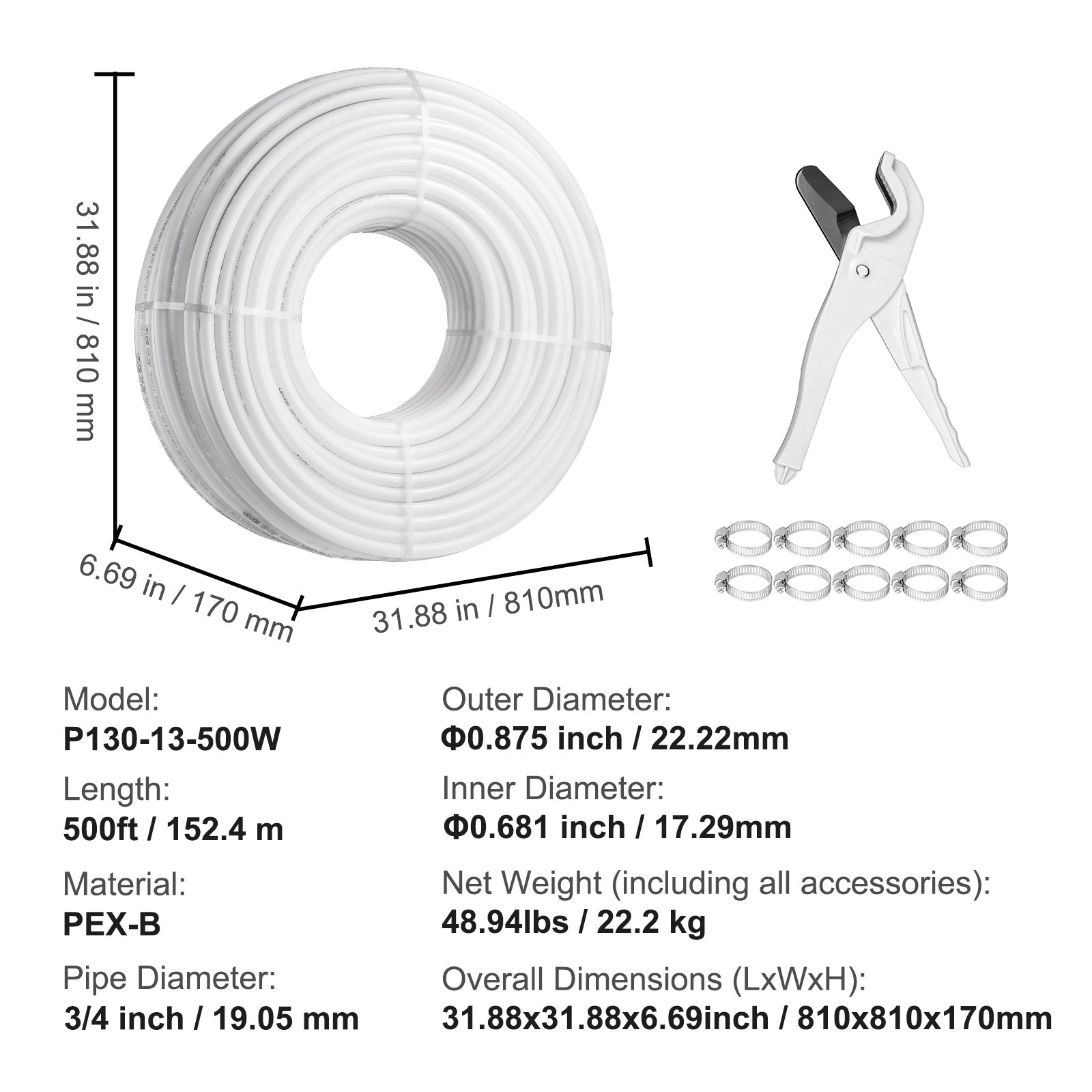 Tubería PEX VEVOR de 3/4 de pulgada y 500 pies de longitud. Tubería flexible PEX-B para agua potable. Líneas de agua PEX para agua caliente/fría de fácil restauración. Aplicaciones de plomería con cortador y abrazaderas gratis. Color blanco.