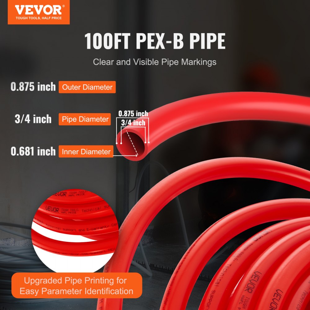 Tubería PEX VEVOR de 3/4 de pulgada y 100 pies de largo. Tubería flexible PEX-B para agua potable. Líneas de agua PEX para agua caliente/fría, fácil de restaurar. Aplicaciones de plomería con cortador y abrazaderas gratis. Color rojo.