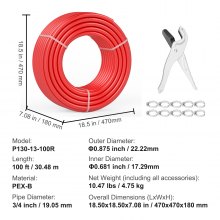 Tubo VEVOR PEX de 3/4 pulgadas, 100 pies de longitud, tubo flexible PEX-B para agua potable, líneas de agua Pex para agua fría/caliente y fácil restauración, aplicaciones de plomería con cortador y abrazaderas gratis, rojo