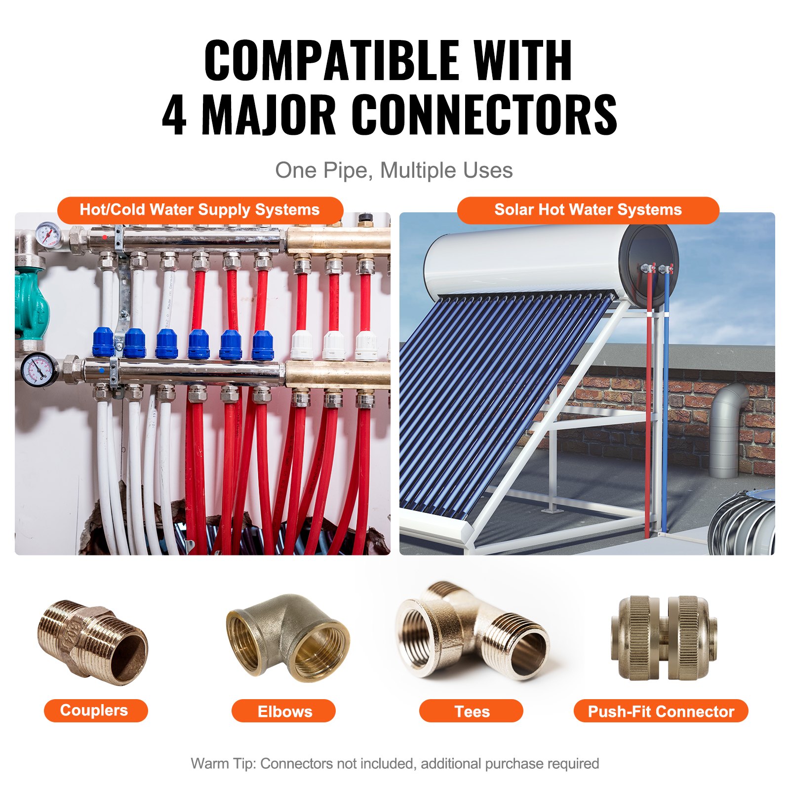 Tubería pex VEVOR compatible con 4 conectores principales para sistemas de agua fría/caliente y agua caliente solar.