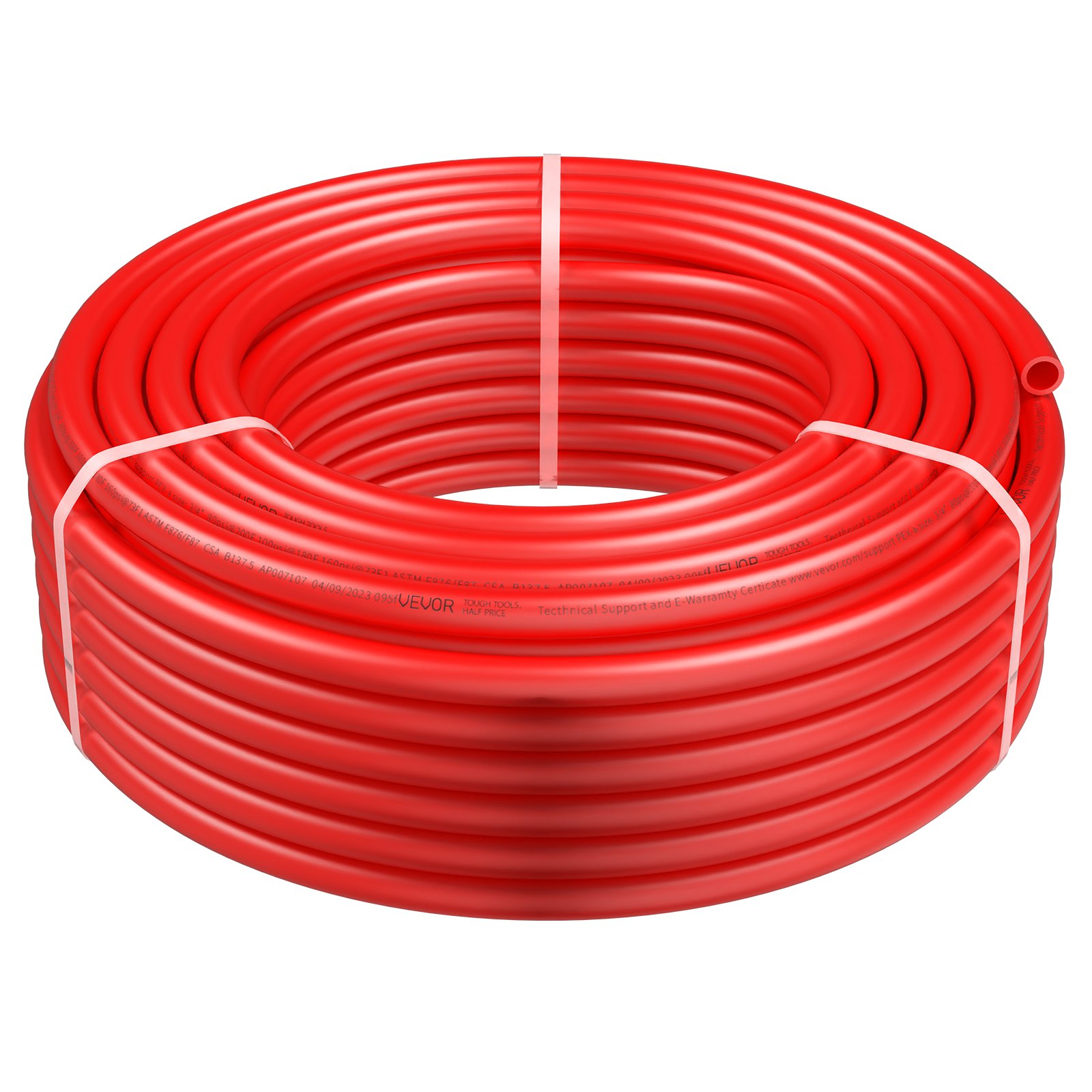 Tubo pex VEVOR enrollado en rojo cuidadosamente atado con correas blancas, mostrando su durabilidad y flexibilidad.