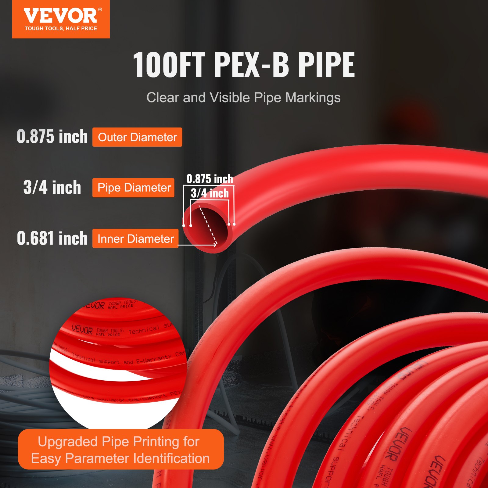 Tubería PEX VEVOR de 3/4 de pulgada y 100 pies de largo. Tubería flexible PEX-B para agua potable. Líneas de agua PEX para agua caliente/fría, fácil de restaurar. Aplicaciones de plomería con cortador y abrazaderas gratis. Color rojo.