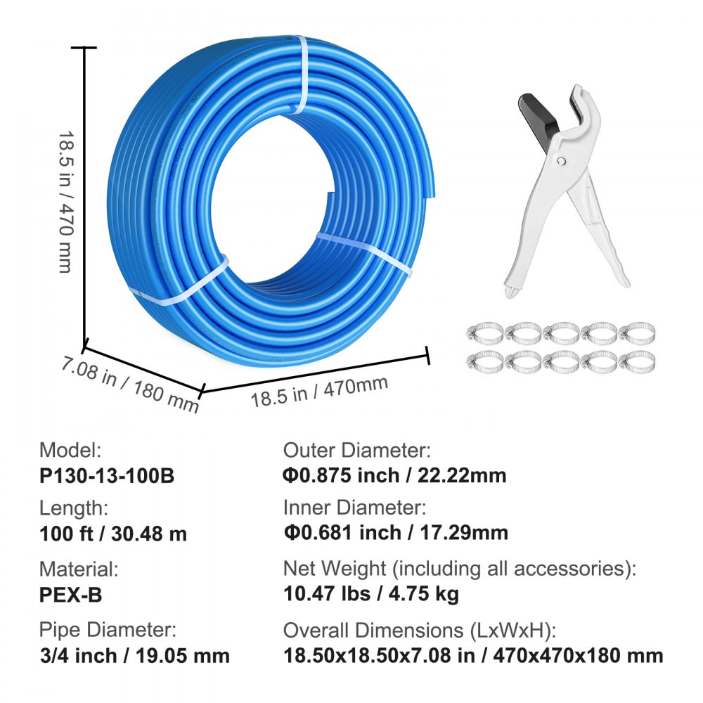 Tubería PEX VEVOR de 3/4 de pulgada y 100 pies de longitud. Tubería flexible PEX-B para agua potable. Líneas de agua PEX para agua caliente/fría, fácil de restaurar. Aplicaciones de plomería con cortador y abrazaderas gratis. Azul.