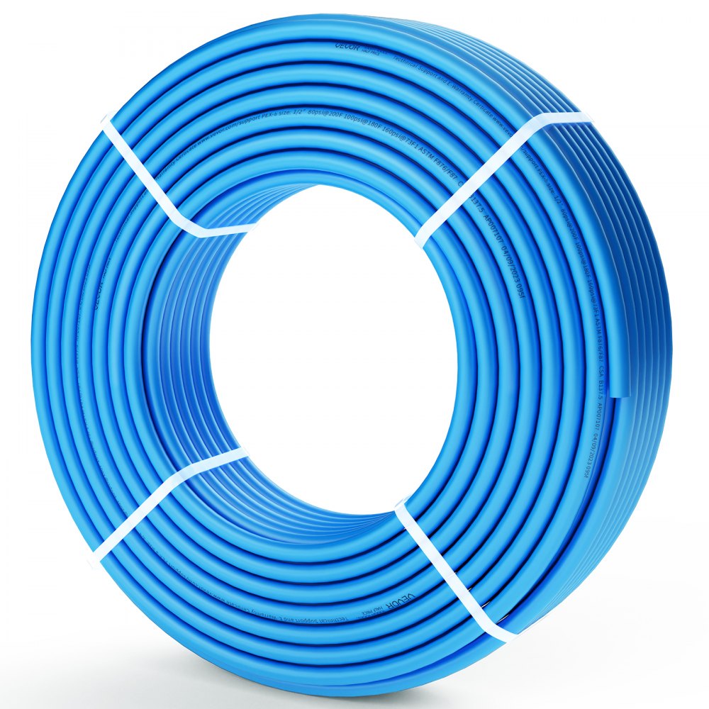 Rollo de tubo pex VEVOR azul enrollado y asegurado con bandas blancas.