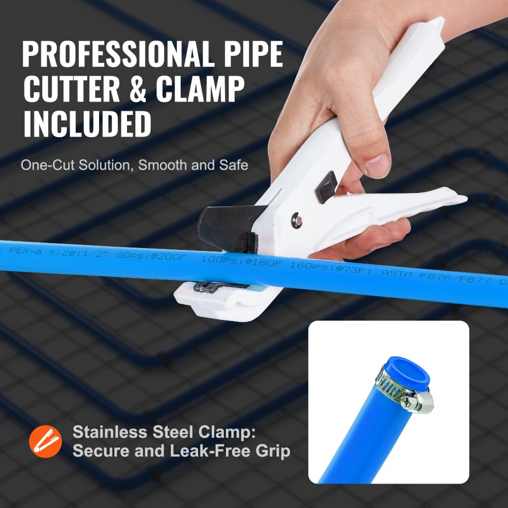 VEVOR PEX Pipe 1/2 Inch, 300 Feet Length PEX-B Flexible Pipe Tubing for Potable Water, Pex Water Lines for Hot/Cold Water & Easily Restore, Plumbing Applications with Free Cutter & Clamps ,Blue