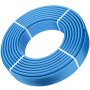 Bobina azul de tubería pex VEVOR asegurada con correas blancas, mostrando flexibilidad y resistencia.