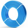 Rollo de tubo pex VEVOR azul enrollado y asegurado con bandas blancas.