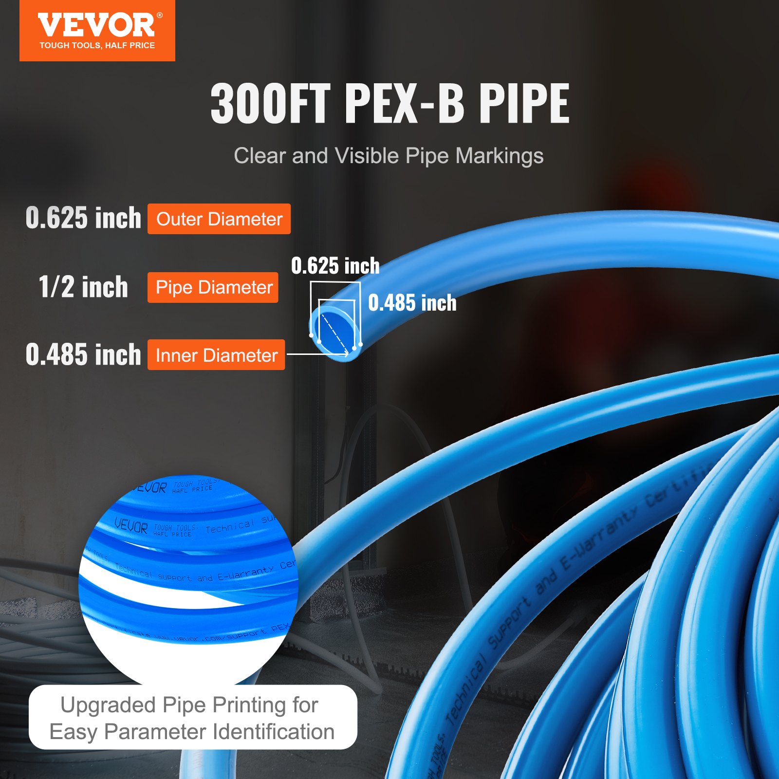 Tubo pex VEVOR de 300 pies pex-b, marcas claras, 0,625 pulgadas de exterior, 0,485 pulgadas de interior, 1/2 pulgada de diámetro.