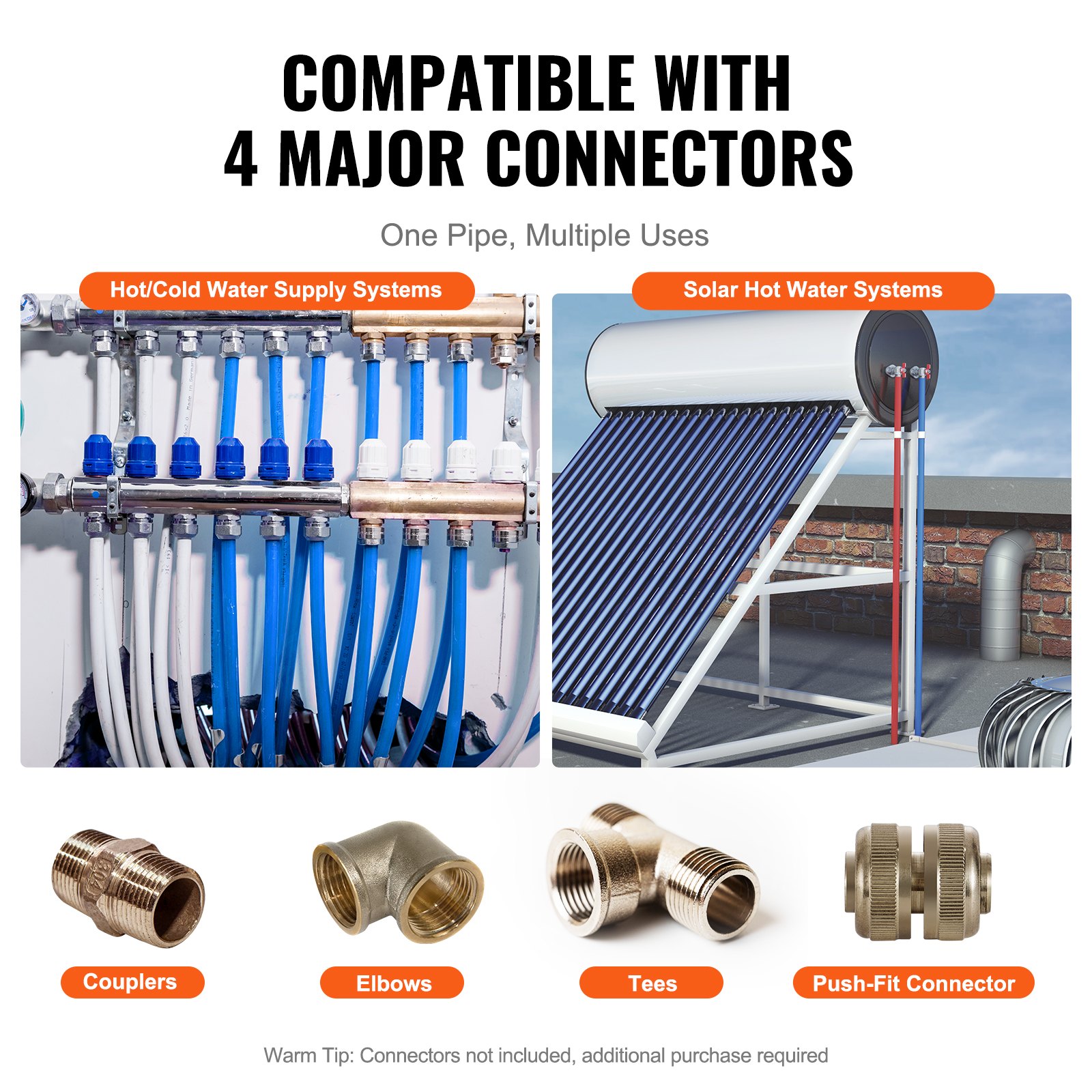 Tubería pex VEVOR compatible con acopladores, codos, tes y conectores a presión para sistemas de agua.