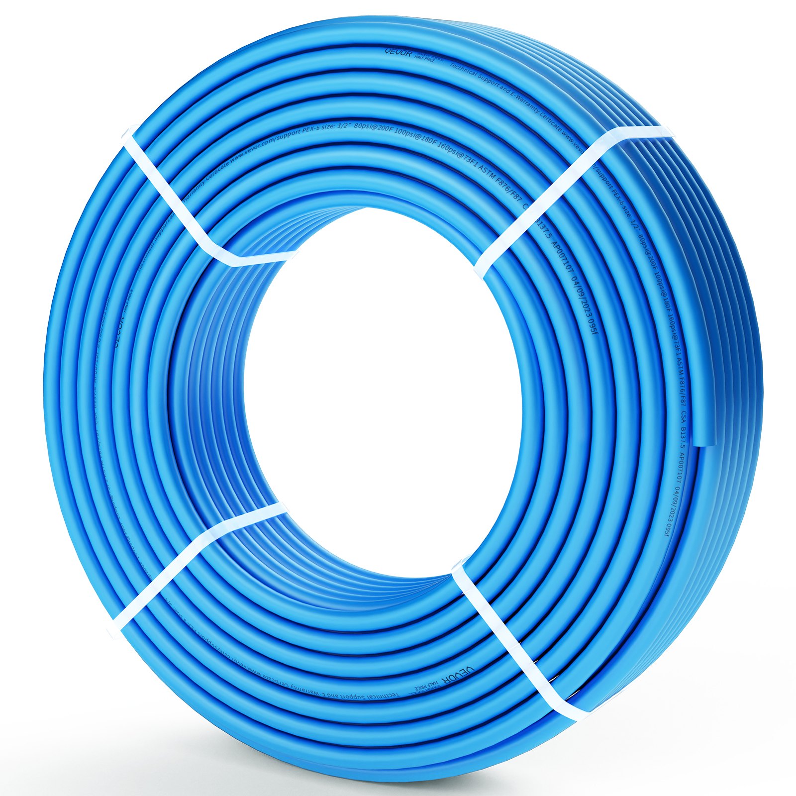 Tubo pex VEVOR enrollado y asegurado con correas blancas, mostrando un tubo azul duradero.