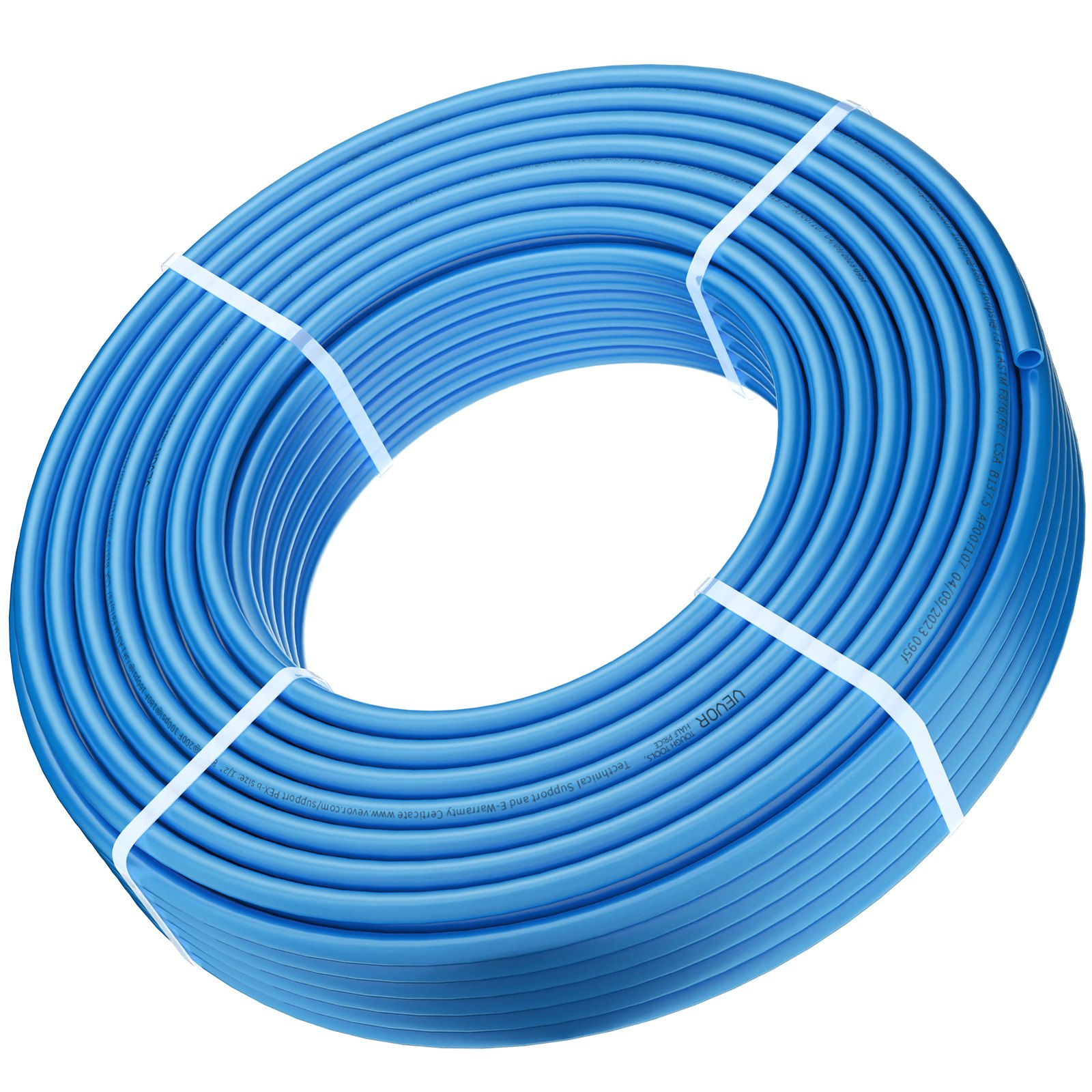 Bobina azul de tubería pex VEVOR asegurada con correas blancas, mostrando flexibilidad y resistencia.
