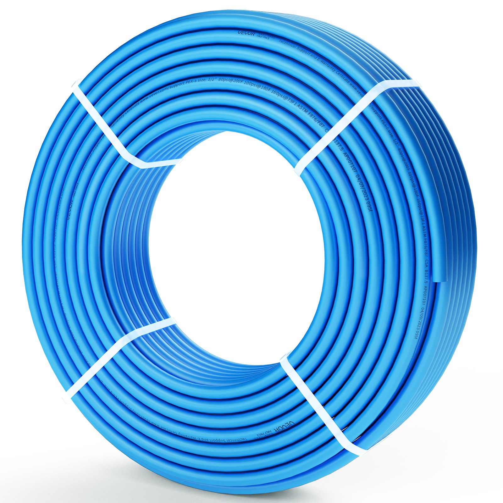 Rollo de tubo pex VEVOR azul enrollado y asegurado con bandas blancas.