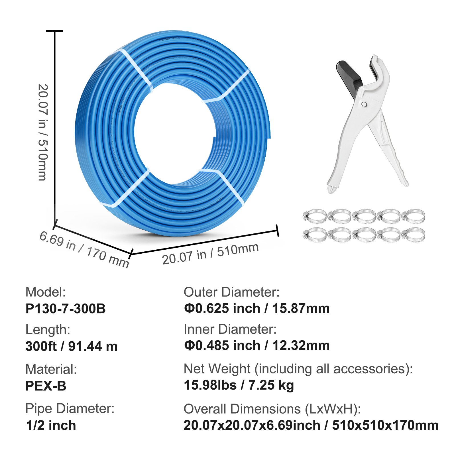 Tubería PEX VEVOR de 1/2 pulgada y 300 pies de longitud. Tubería flexible PEX-B para agua potable. Líneas de agua PEX para agua caliente/fría, fácil de restaurar. Aplicaciones de plomería con cortador y abrazaderas gratis. Azul.