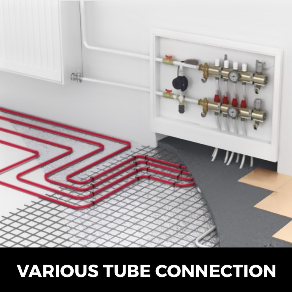 Instalación de tubería pex VEVOR en sistema de calefacción por suelo radiante con panel de control.