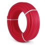Tubo pex VEVOR rojo enrollado con bridas blancas para aplicaciones de plomería y calefacción.