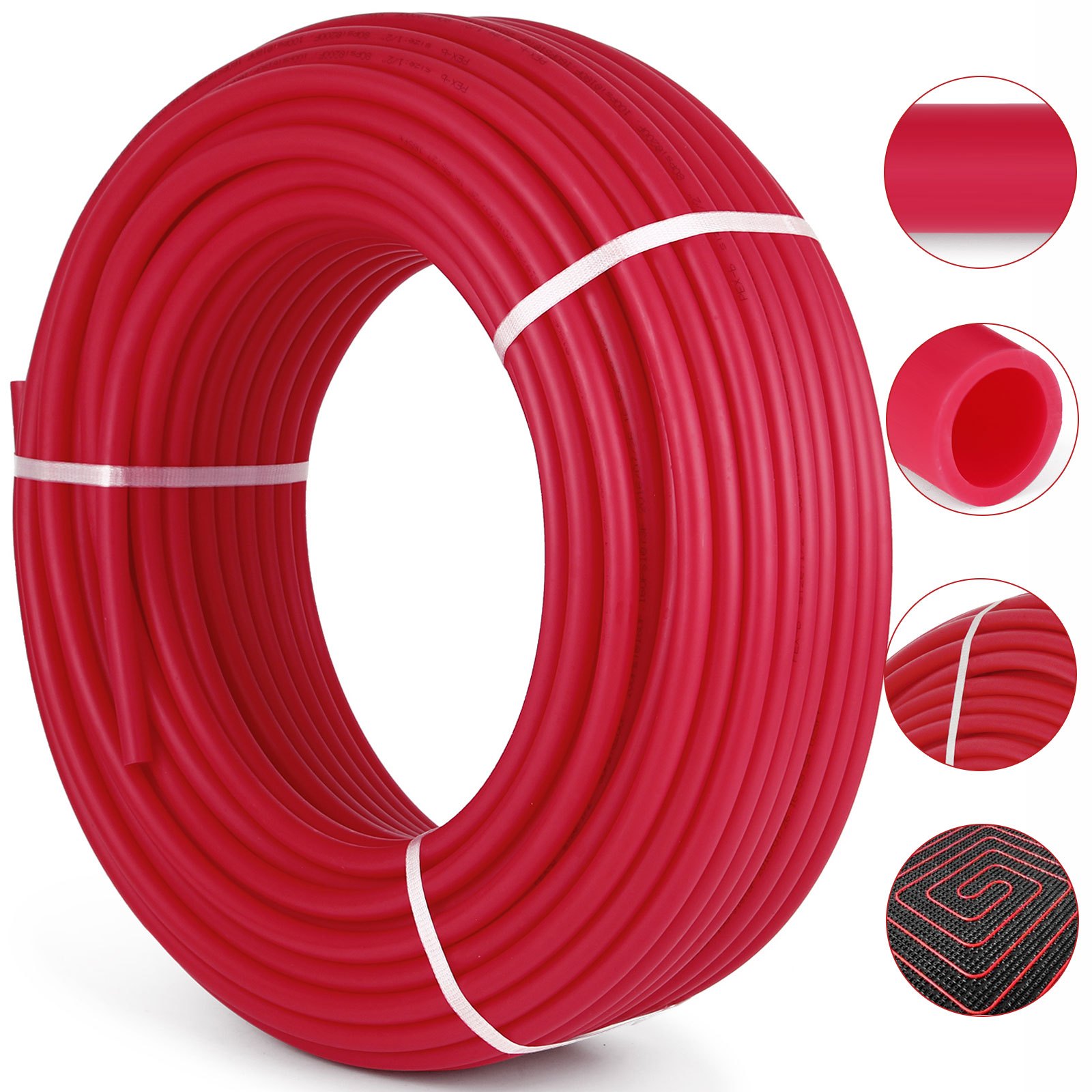 Bobina de tubo pex VEVOR en color rojo con secciones de detalle en primer plano.