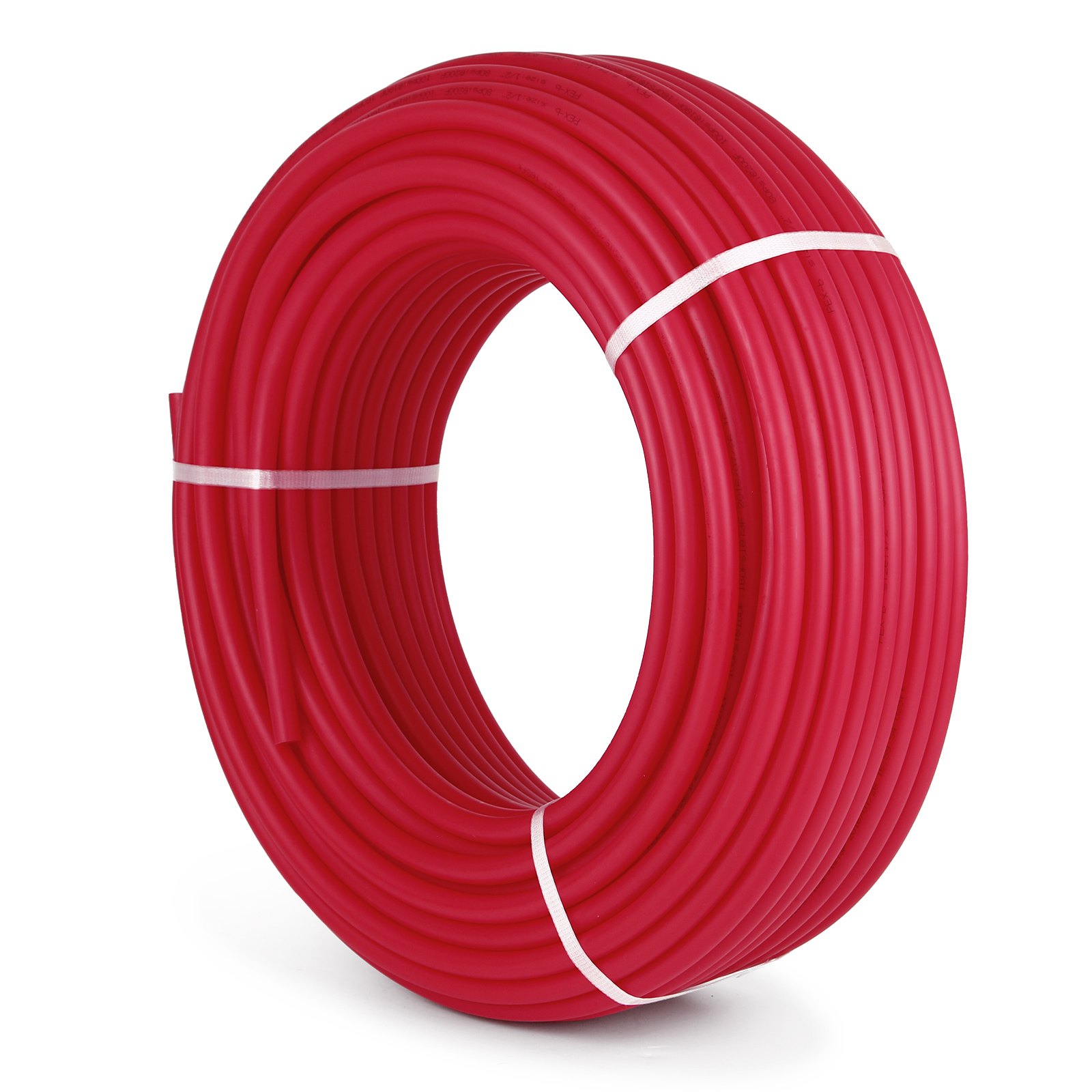 Tubo pex VEVOR rojo enrollado con bridas blancas para aplicaciones de plomería y calefacción.