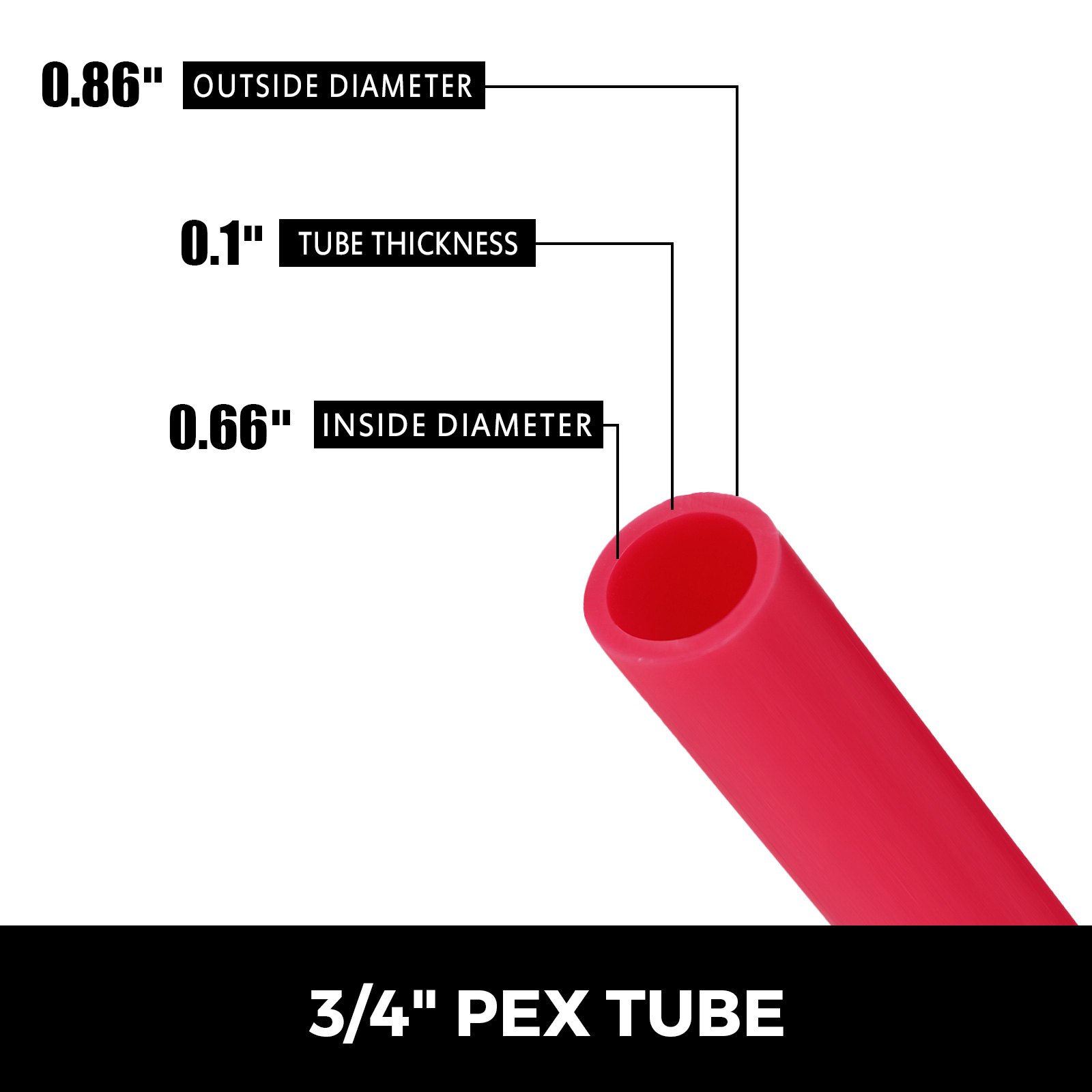 Dimensiones del tubo pex rojo VEVOR: 0,86&quot; exterior, 0,66&quot; interior, 0,1&quot; de espesor.