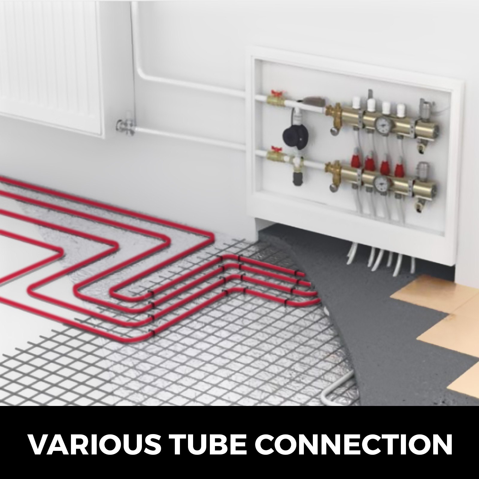 Instalación de tubería pex VEVOR en sistema de calefacción por suelo radiante con panel de control.