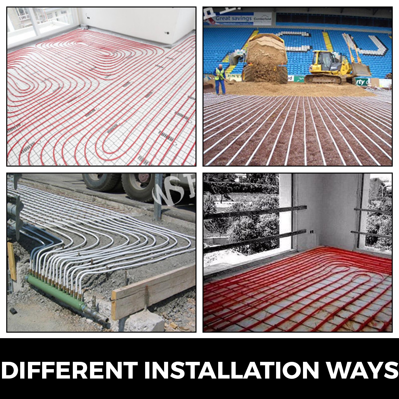 Diferentes métodos de instalación de tubos pex VEVOR para sistemas de calefacción por suelo radiante.