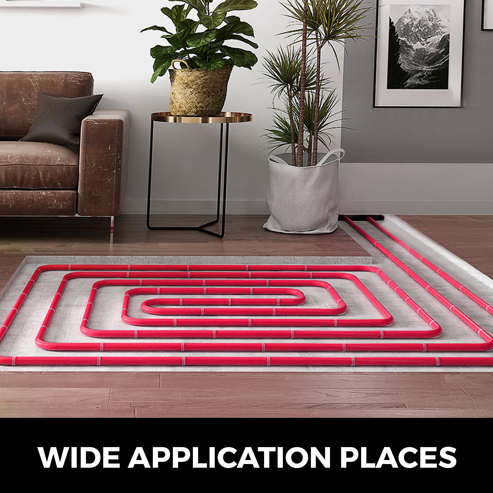 Disposición de tubería pex roja VEVOR debajo del piso de la sala de estar con decoración moderna.