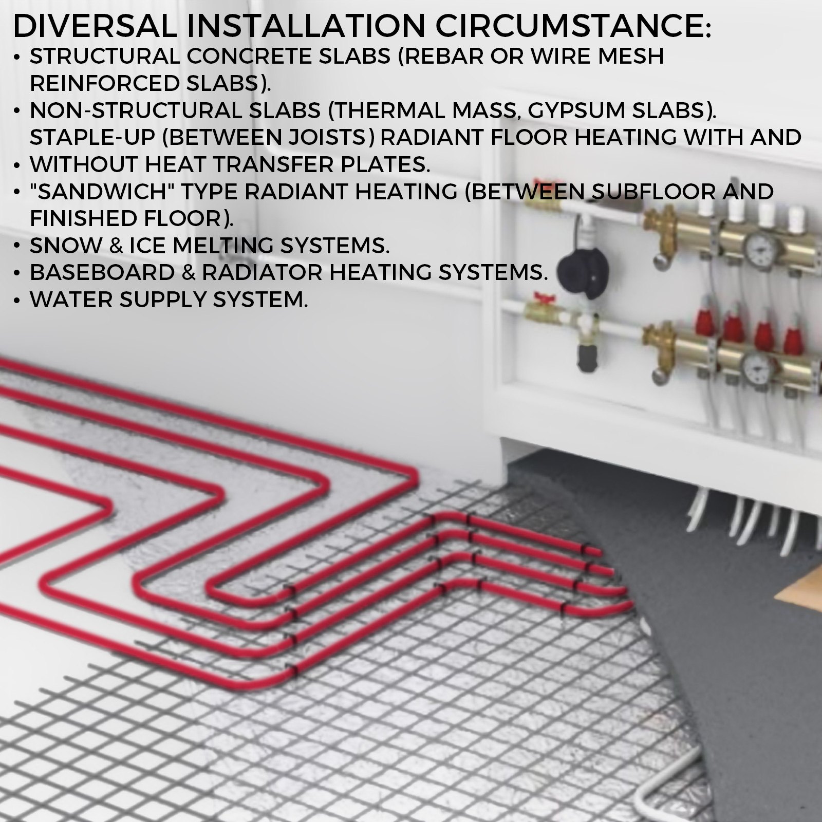 Opciones de instalación de tubos pex VEVOR con tubos rojos y colector del sistema de calefacción.