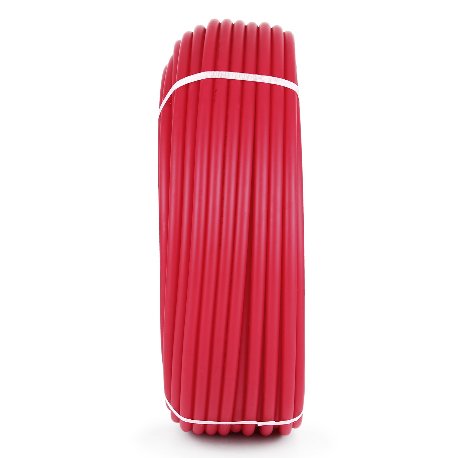 Rollo rojo de tubo pex VEVOR asegurado con bandas blancas, en posición vertical.