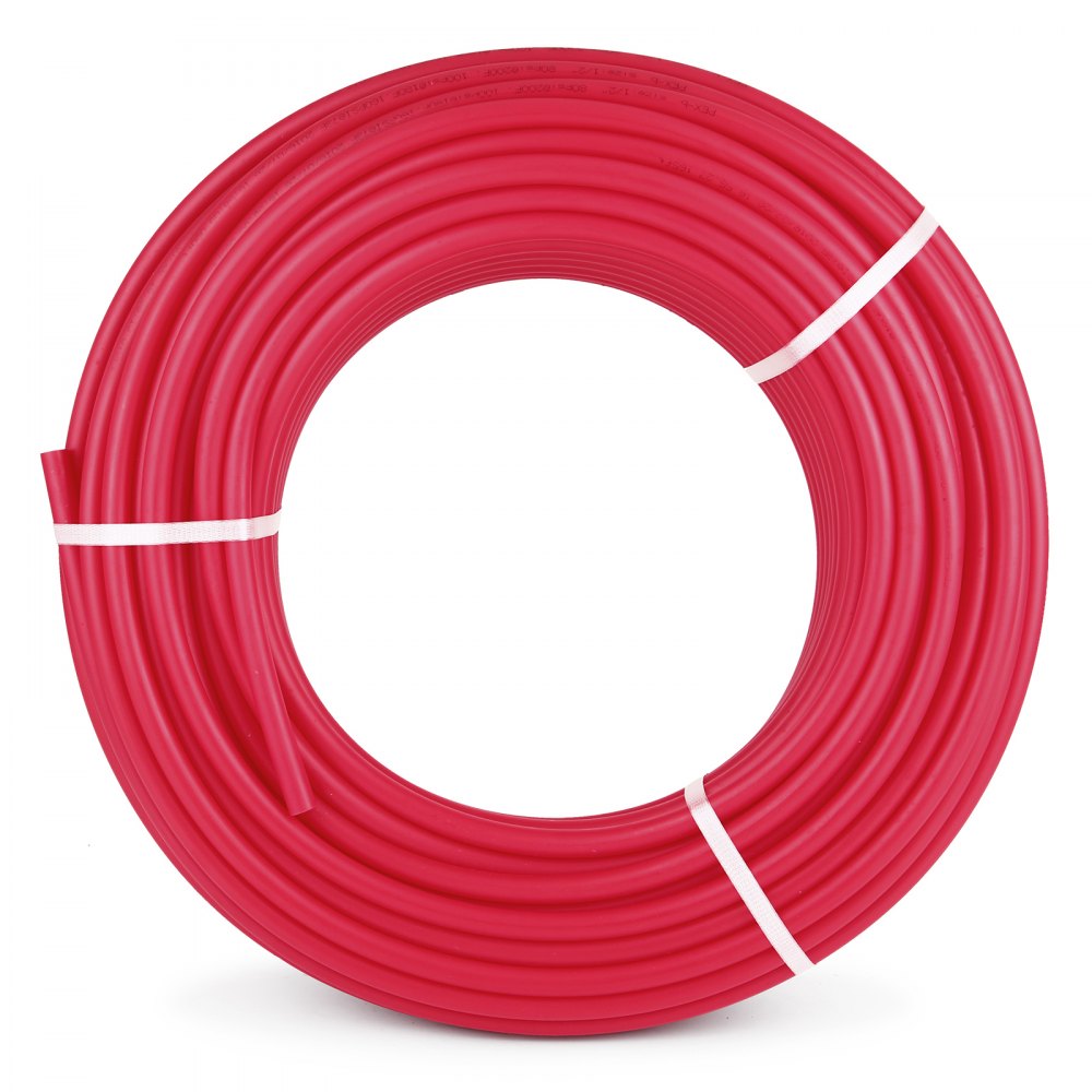 Tubo pex VEVOR enrollado en rojo con correas blancas aseguradas alrededor.