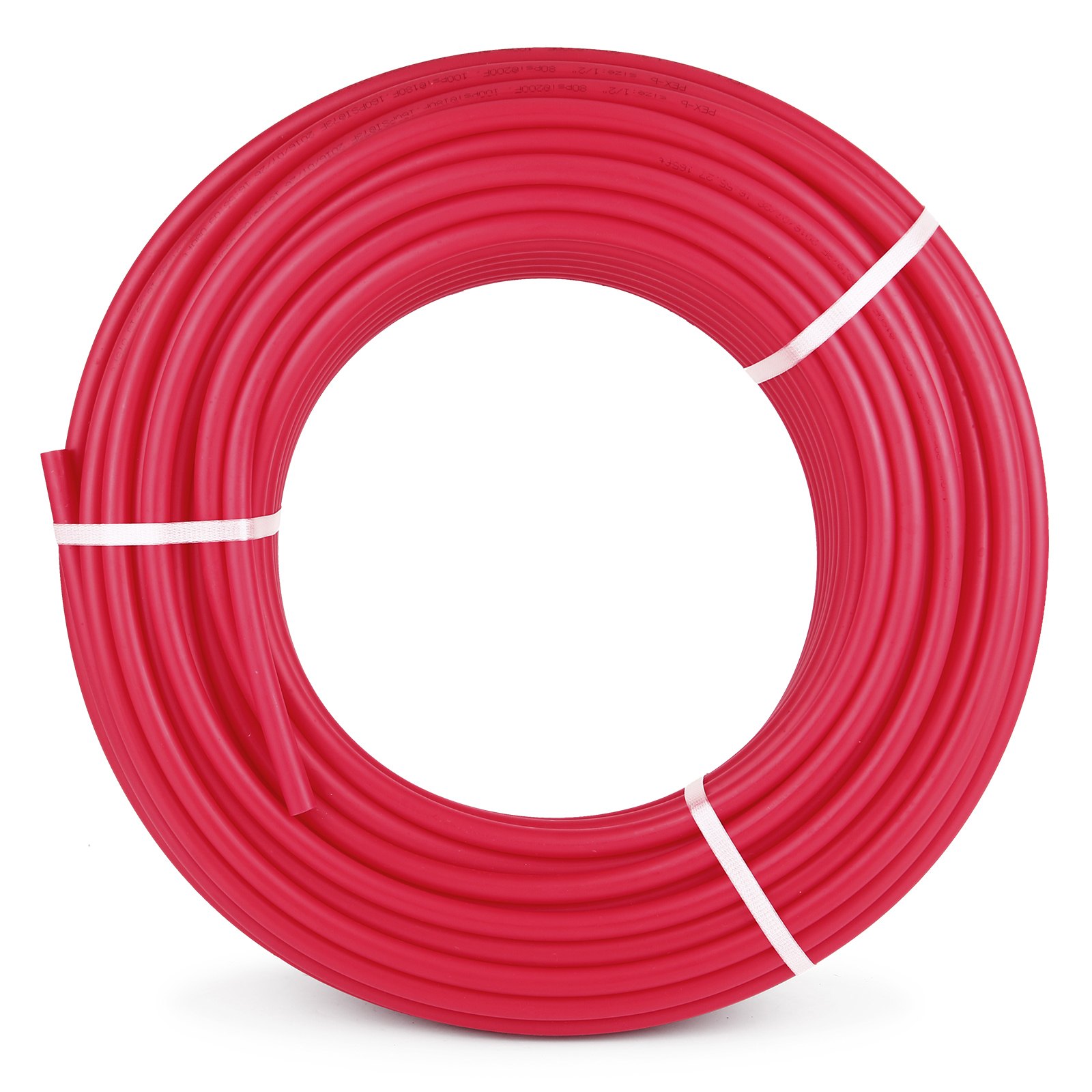 Tubo pex VEVOR enrollado en rojo con correas blancas aseguradas alrededor.