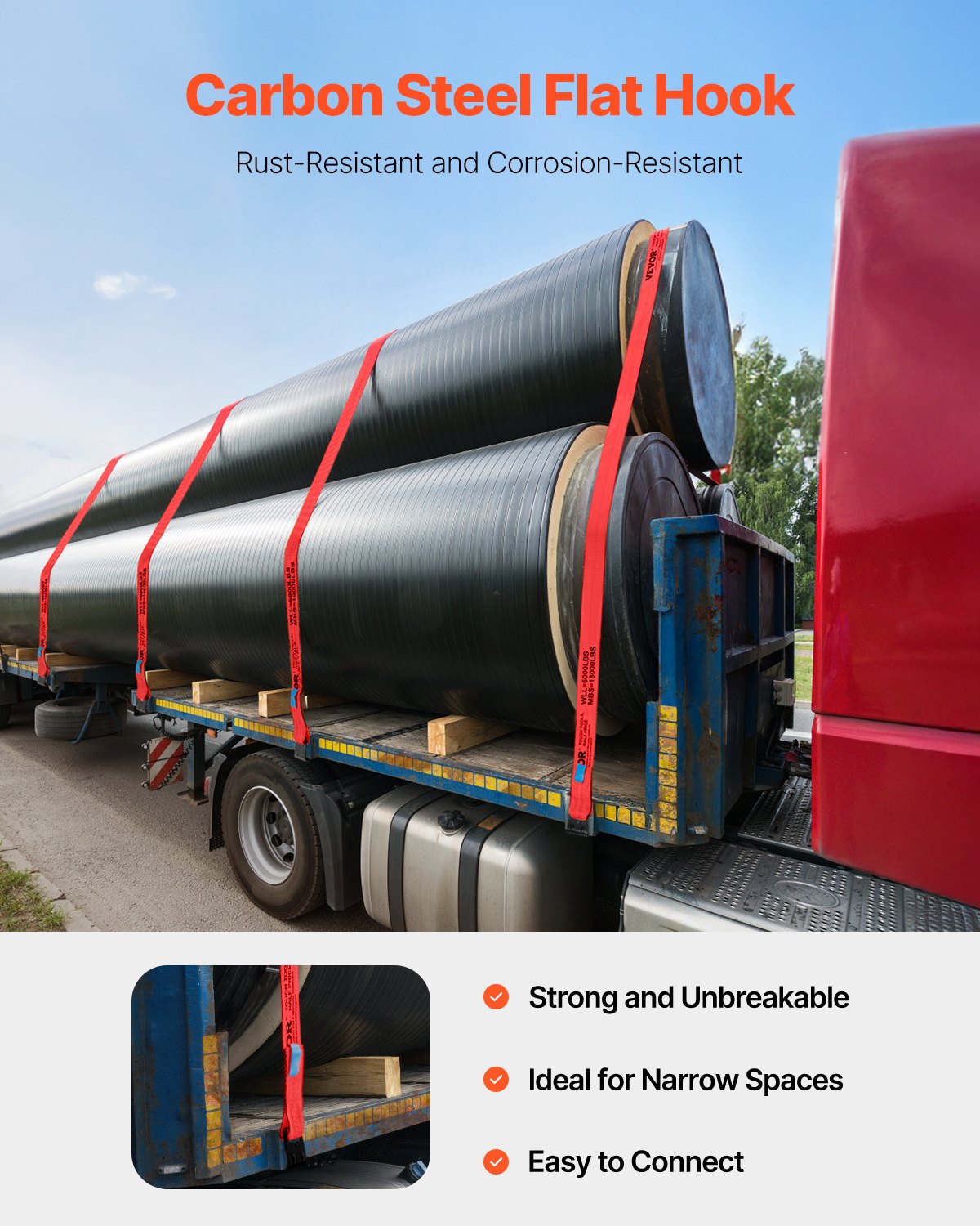 Correas de cabrestante VEVOR, 10 cm x 9 m, capacidad de carga de 2777 kg, resistencia a la rotura de 8277 kg, correas para camión con gancho plano, amarres para plataforma, control de carga para remolques, granjas, rescates, protección de árboles, color rojo (paquete de 10)