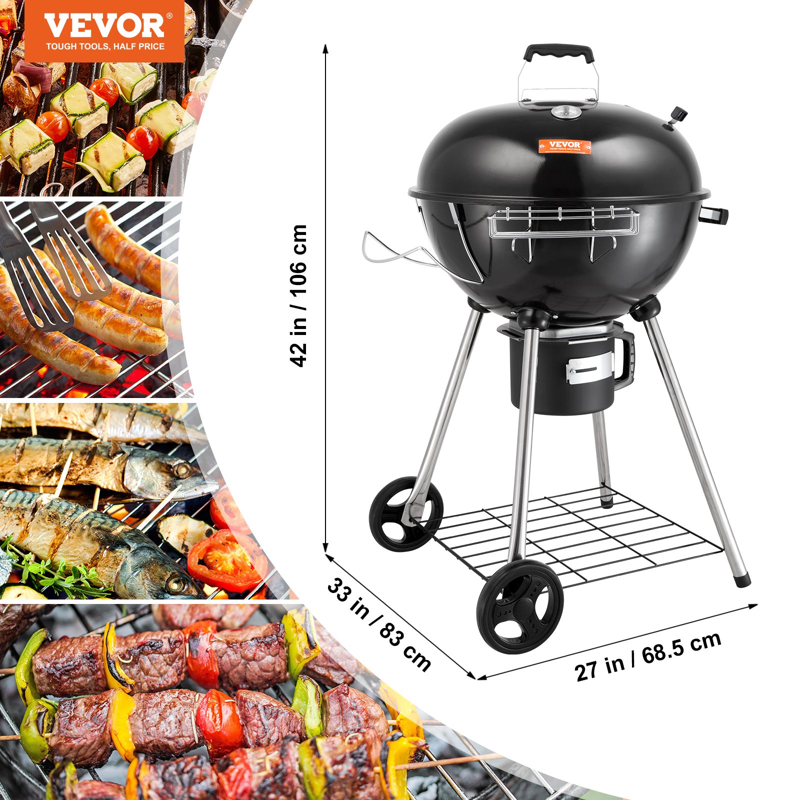 VEVOR Parrilla de carbón portátil de 22 pulgadas, parrillas de gas propano con cubierta, parrilla pequeña de hierro y acero, mini ahumador de mesa para cocinar al aire libre, barbacoa, camping, picnic, patio y patio trasero, negro