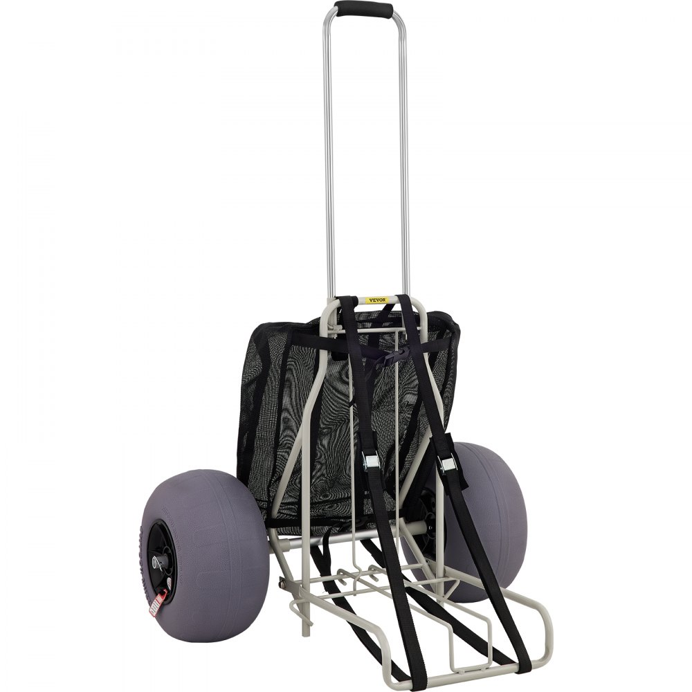Carrito de playa VEVOR con grandes ruedas grises y bolsa de malla negra, ideal para transportar artículos de playa.