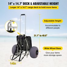 VEVOR Carros de playa para arena, plataforma de carga de 14" x 14.7", con ruedas de globo de TPU de 13", capacidad de carga de 165 libras, carro de arena plegable y altura ajustable de 29.5" a 49.2", carro resistente para picnic, pesca, playa