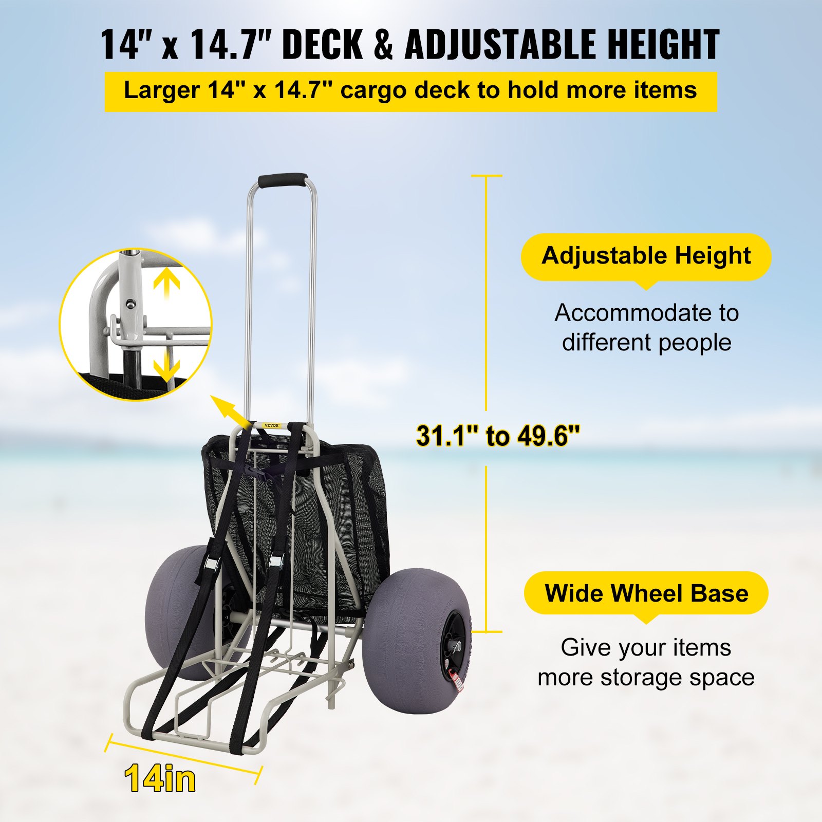 carro de playa VEVOR con base ancha y altura ajustable de 31.1&quot; a 49.6&quot;.
