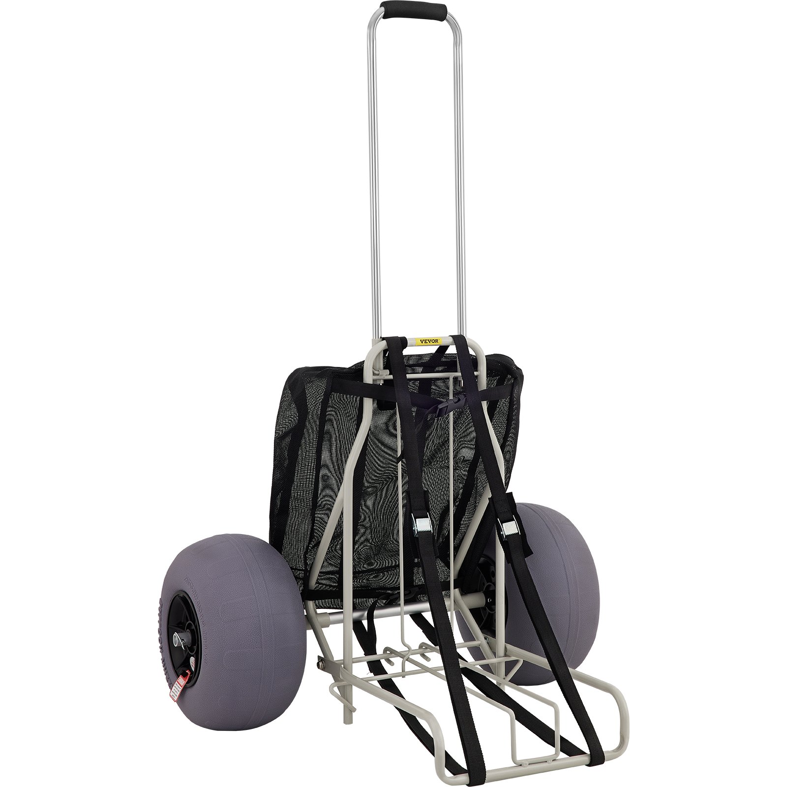 Carrito de playa VEVOR con grandes ruedas grises y bolsa de malla negra, ideal para transportar artículos de playa.